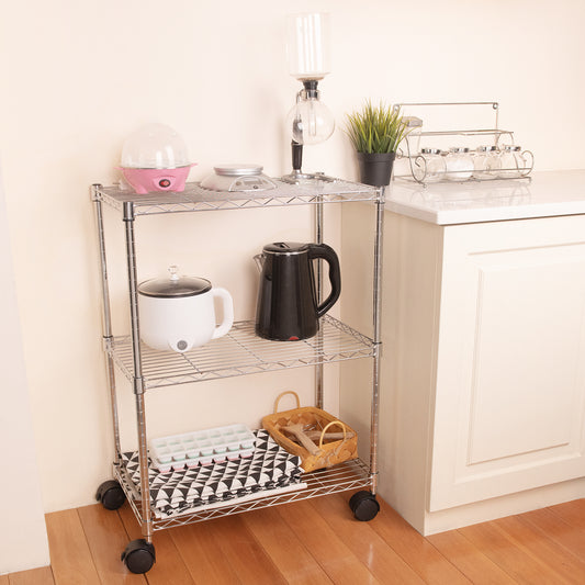 3 Shelf Shelving Organizer with Wheels Steel Chrome in Silver