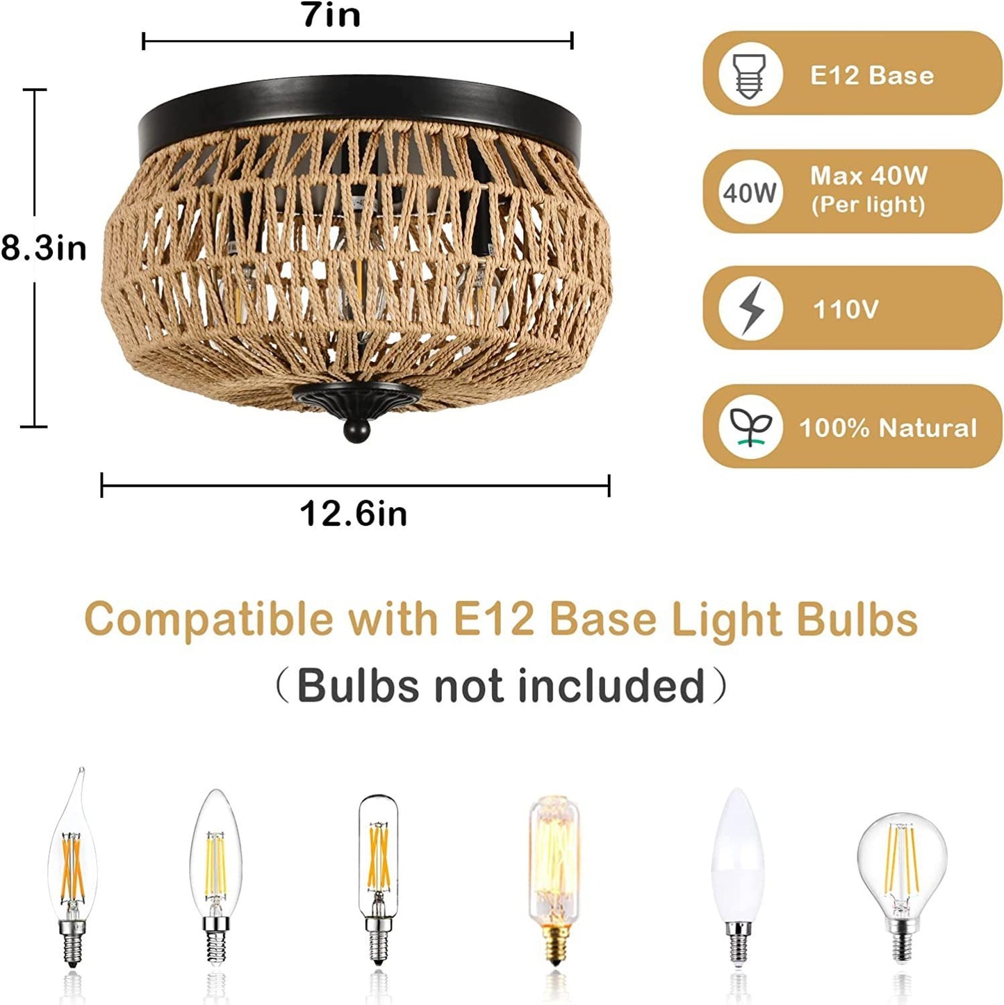 3 Lights Rattan Flush Mount Light