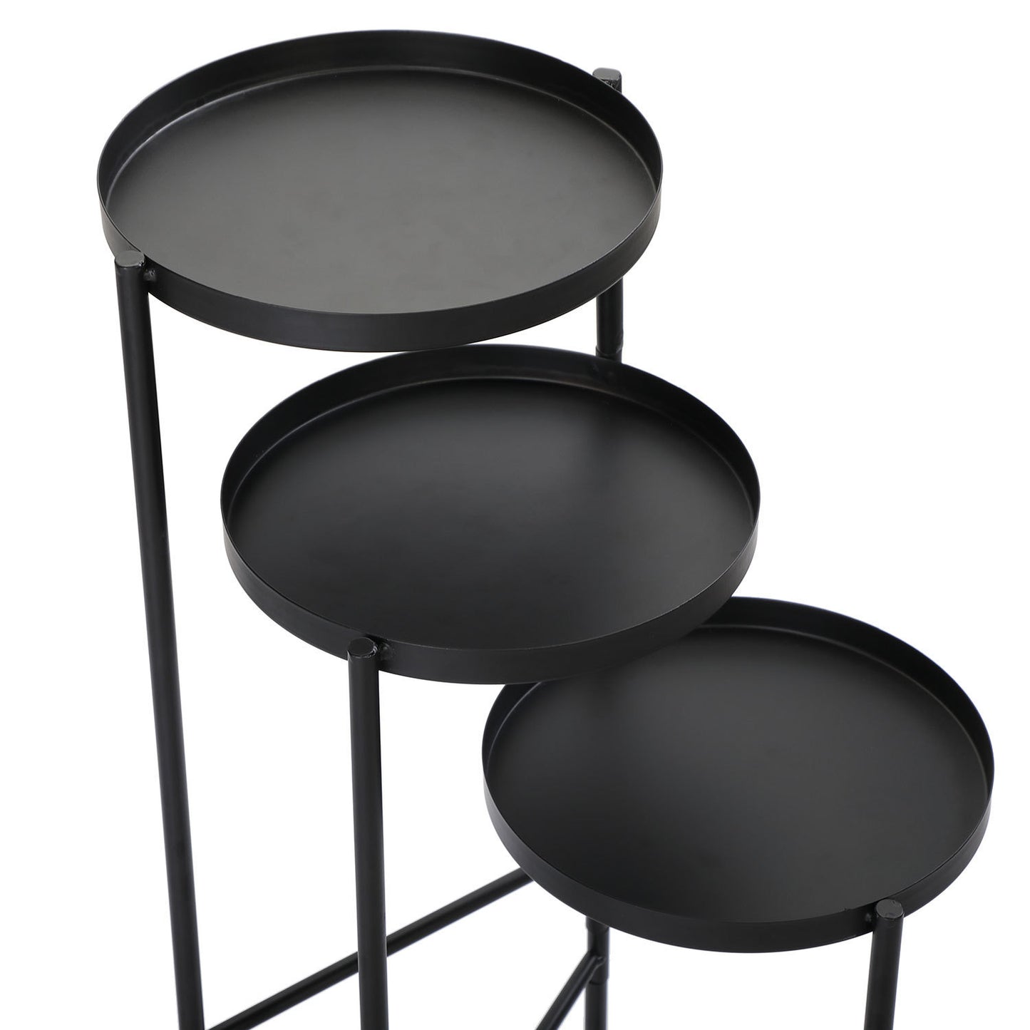 3 Tier Foldable Metal Plant Stand with Trays in Black