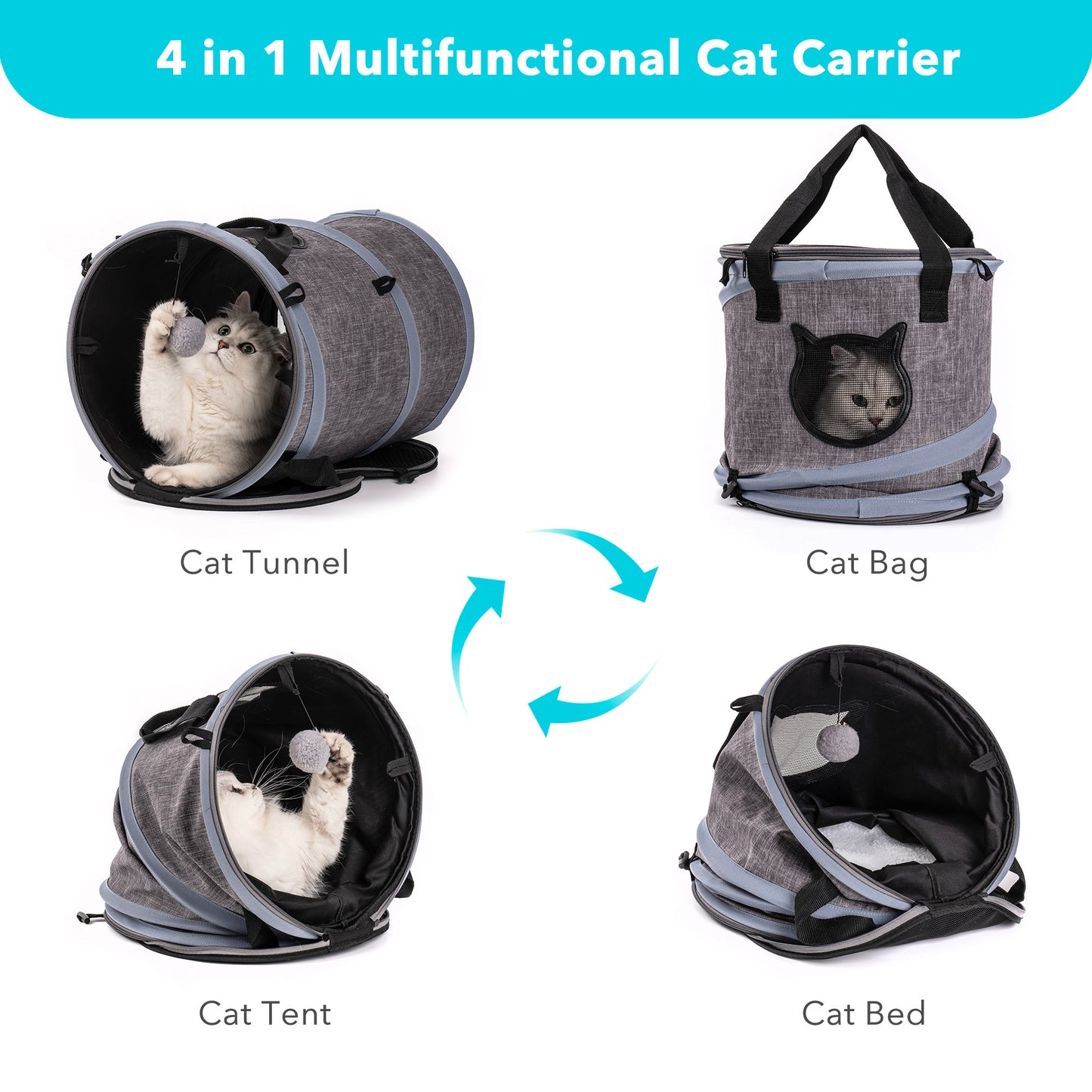 3 in 1Foldable Tunnel Pet Travel Carrier Bag Toy in Grey