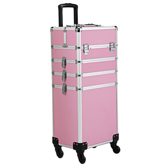 4 in 1 Makeup Travel Case with Locks Keys Adjustable Dividers Pink