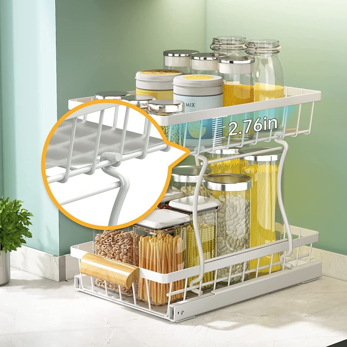 2 Layer Kitchen Pull Out Metal Shelf Organizer Rack in White