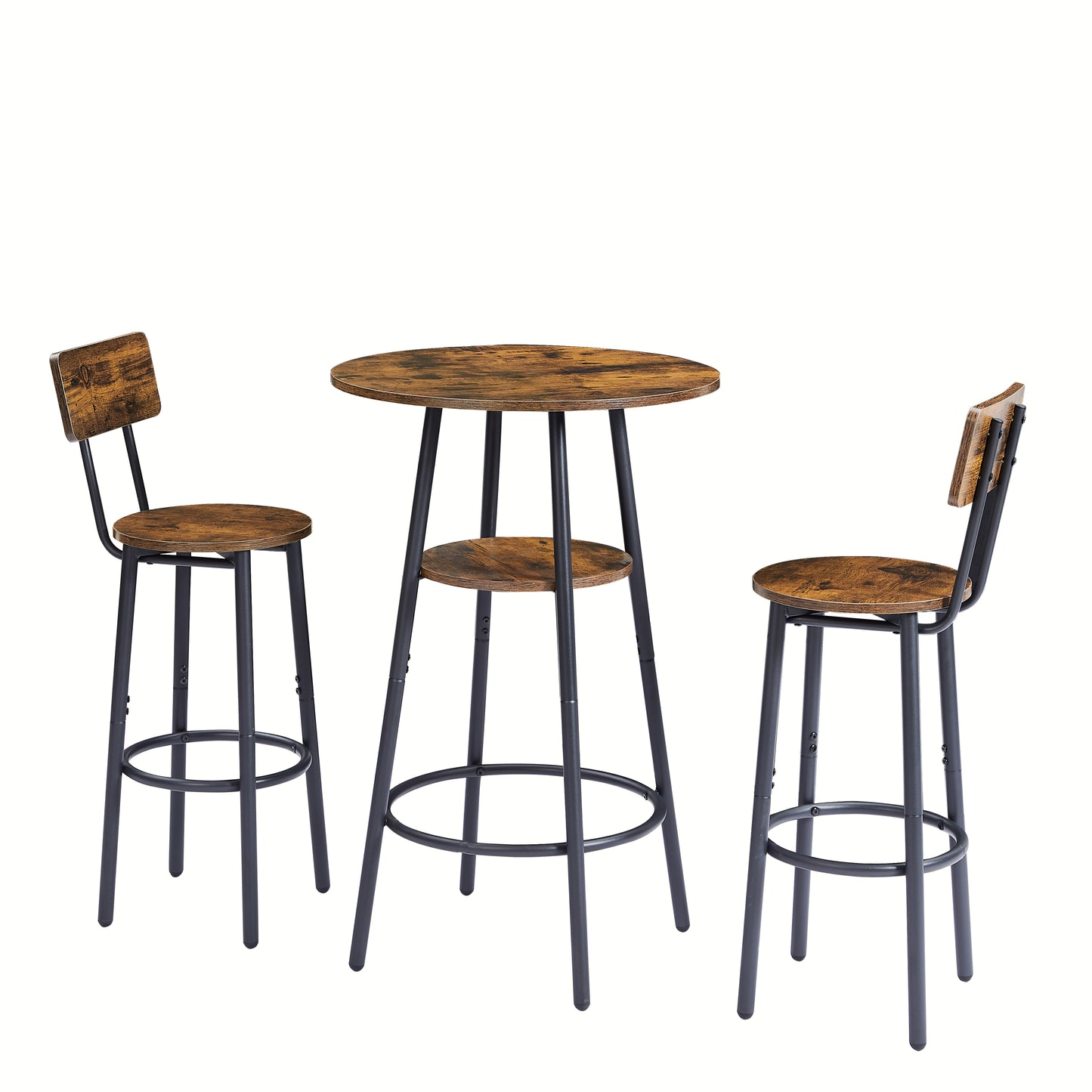 2 Layer Round Bar Table Set 2 Back Stools with Back Rustic Brown