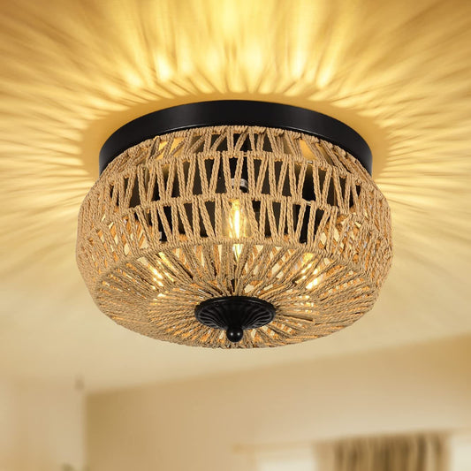 3 Lights Rattan Flush Mount Light