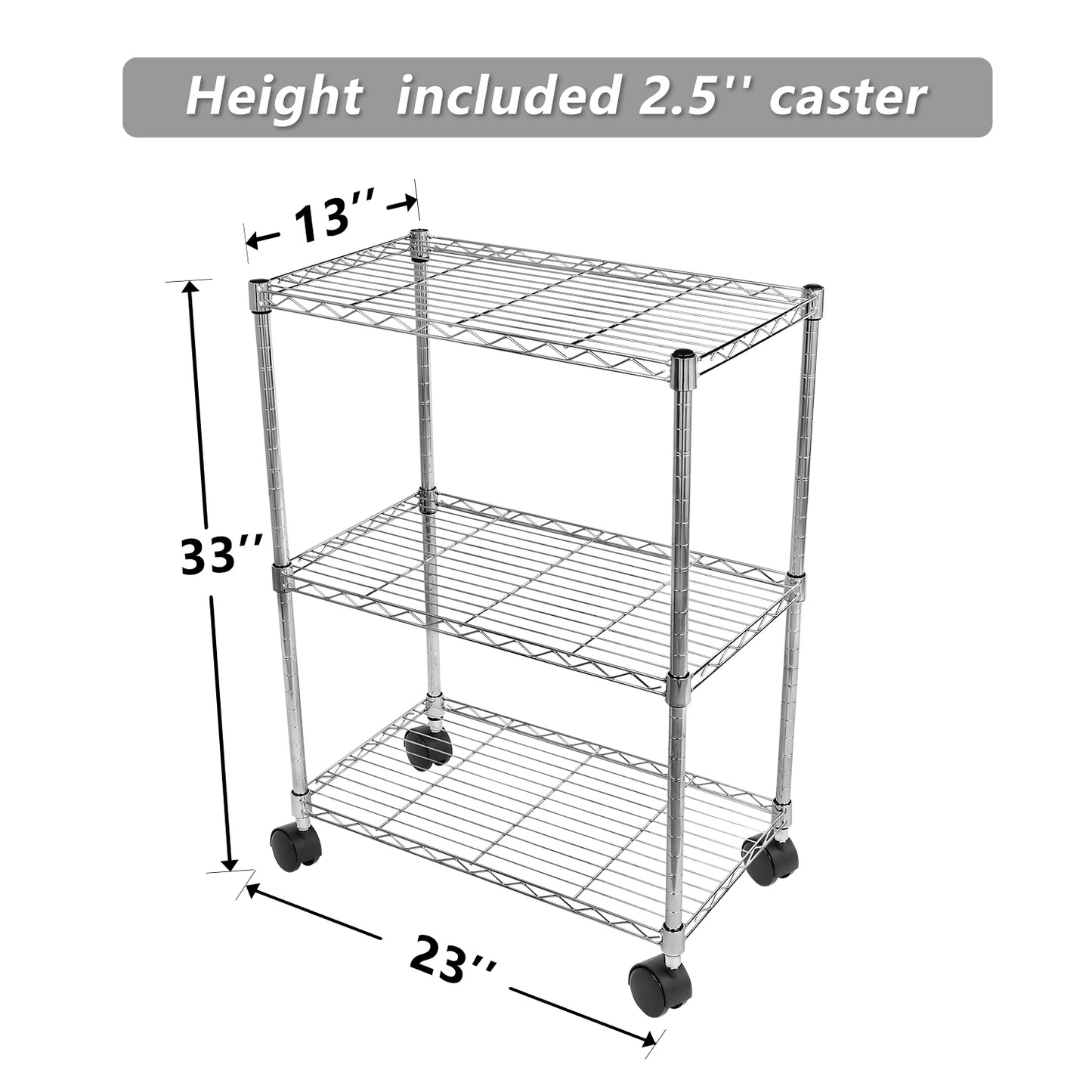 3 Shelf Shelving Organizer with Wheels Steel Chrome in Silver