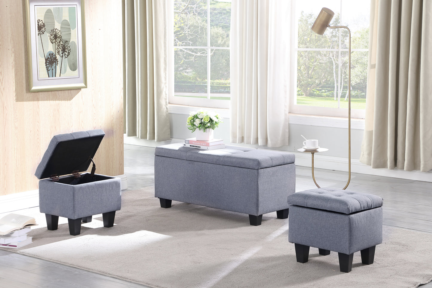 3 in 1 Combination Large Storage Ottoman Bench Set in Gray