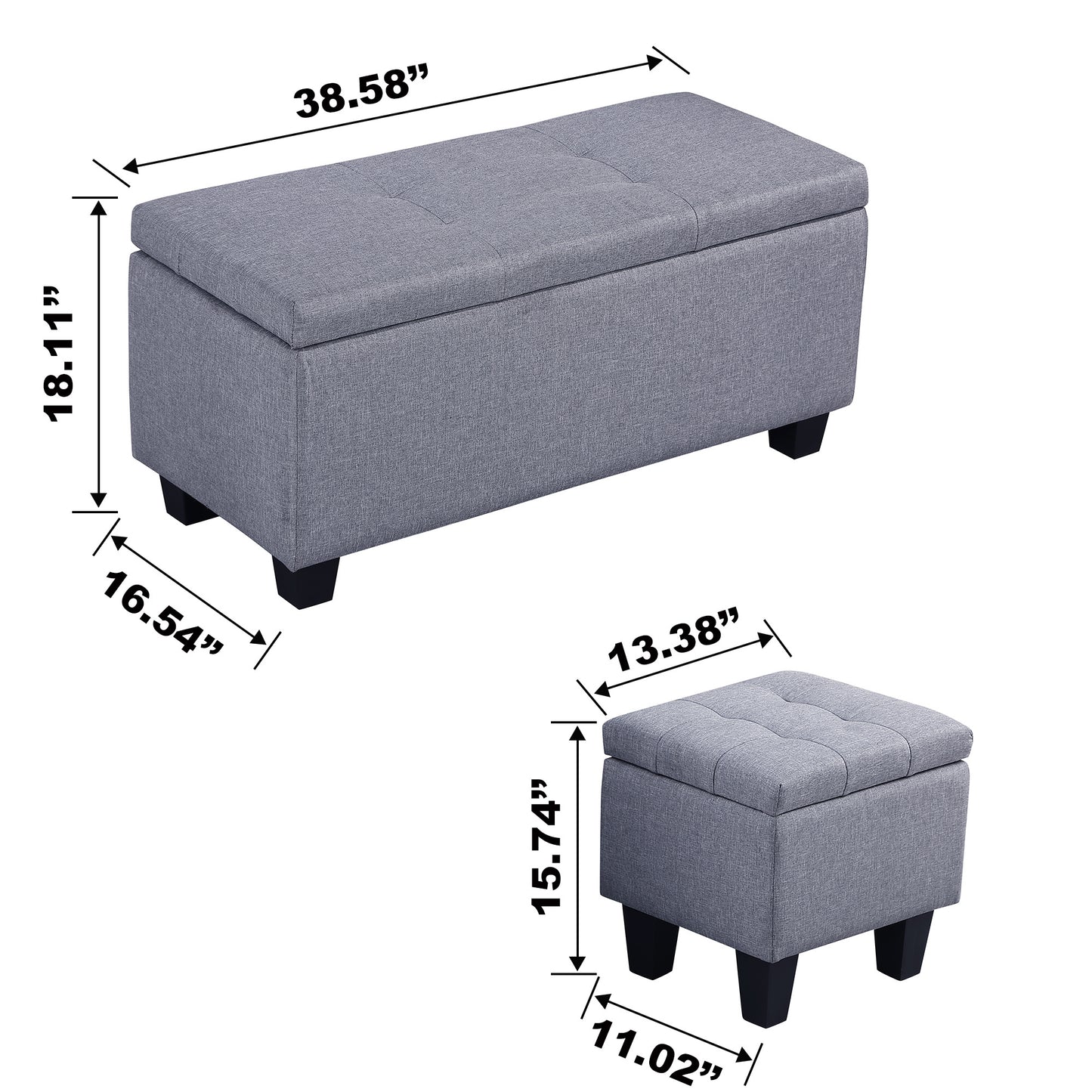 3 in 1 Combination Large Storage Ottoman Bench Set in Gray