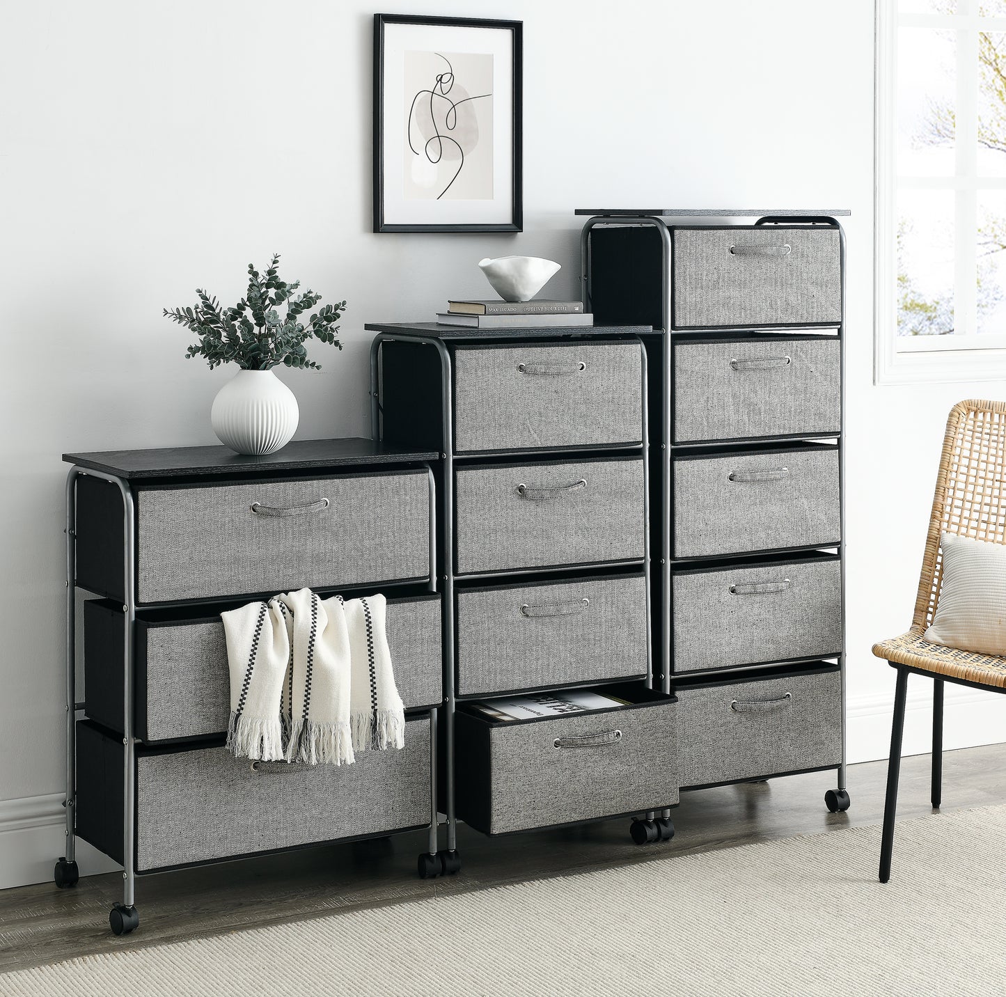 3 Drawers Fabric Dresser Storage Tower Shelves with MDF Top Gray