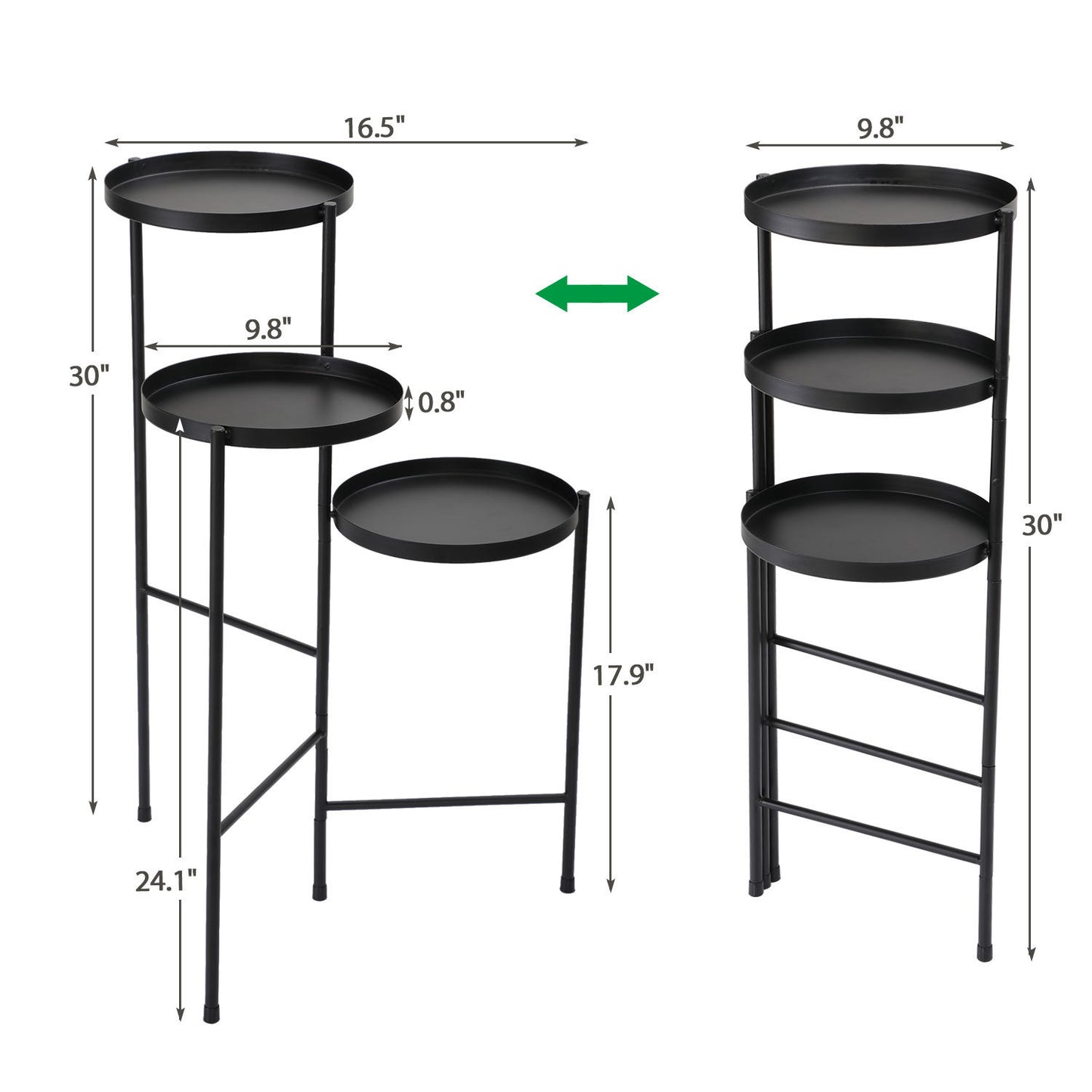 3 Tier Foldable Metal Plant Stand with Trays in Black