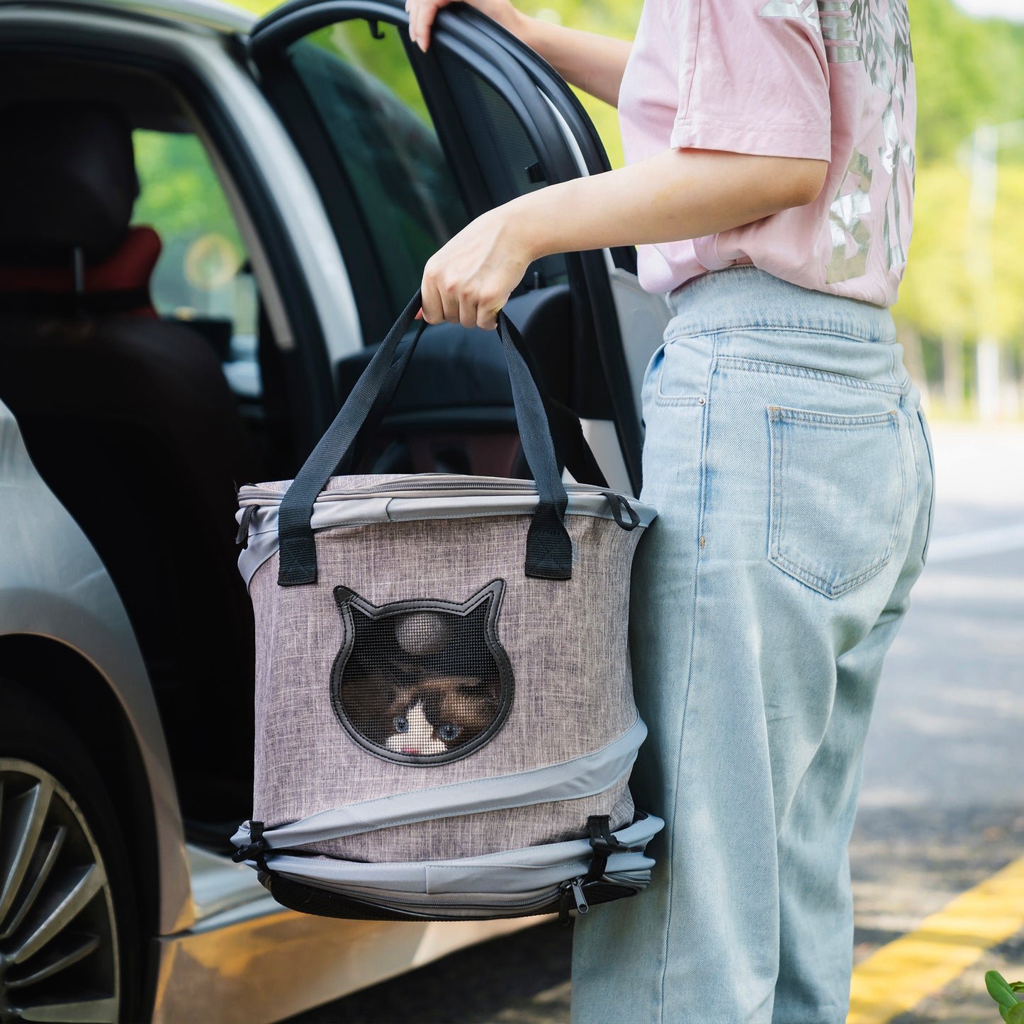 3 in 1Foldable Tunnel Pet Travel Carrier Bag Toy in Grey