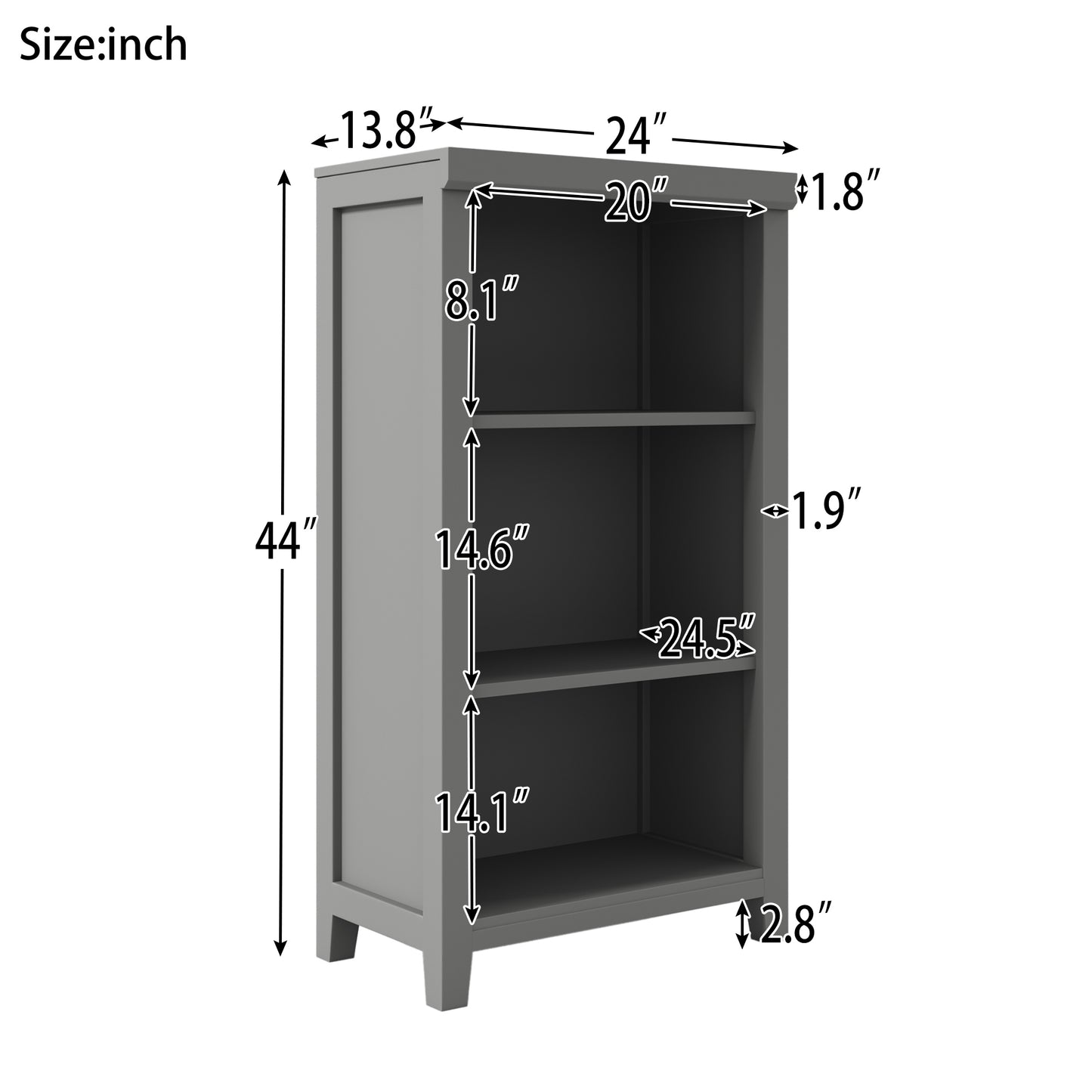 3 Tier Open Shelf Bookcase Storage Cabinet Nightstand Gray