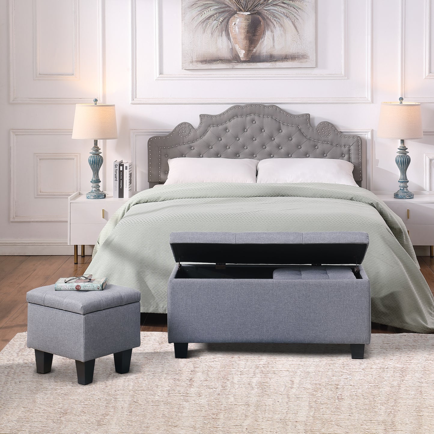 3 in 1 Combination Large Storage Ottoman Bench Set in Gray