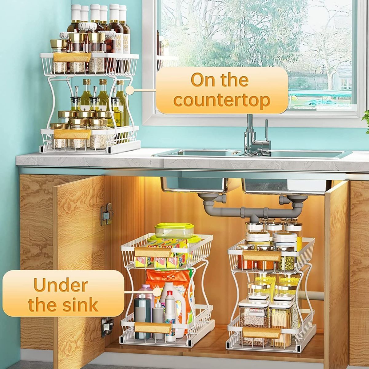 2 Layer Kitchen Pull Out Metal Shelf Organizer Rack in White