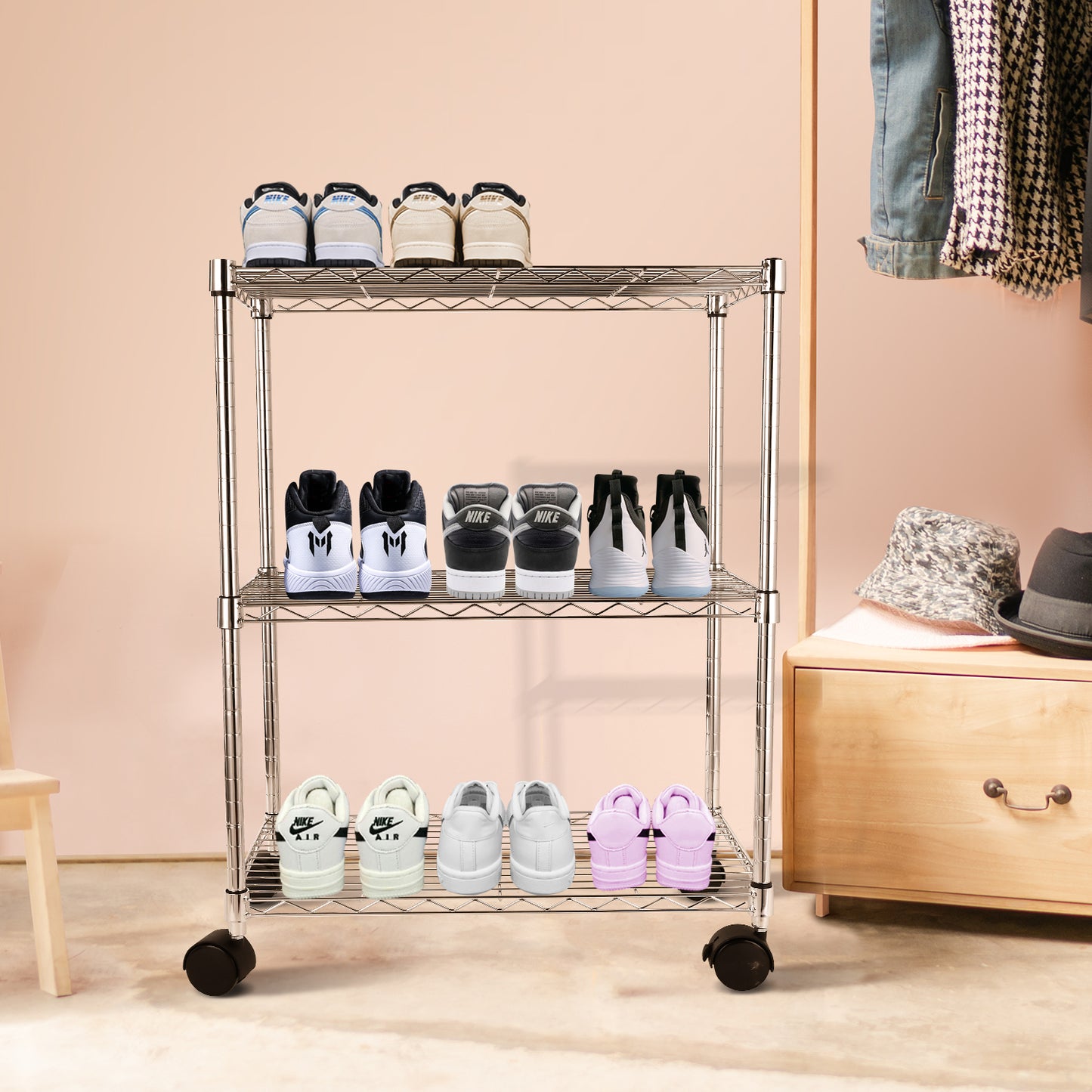 3 Shelf Shelving Organizer with Wheels Steel Chrome in Silver