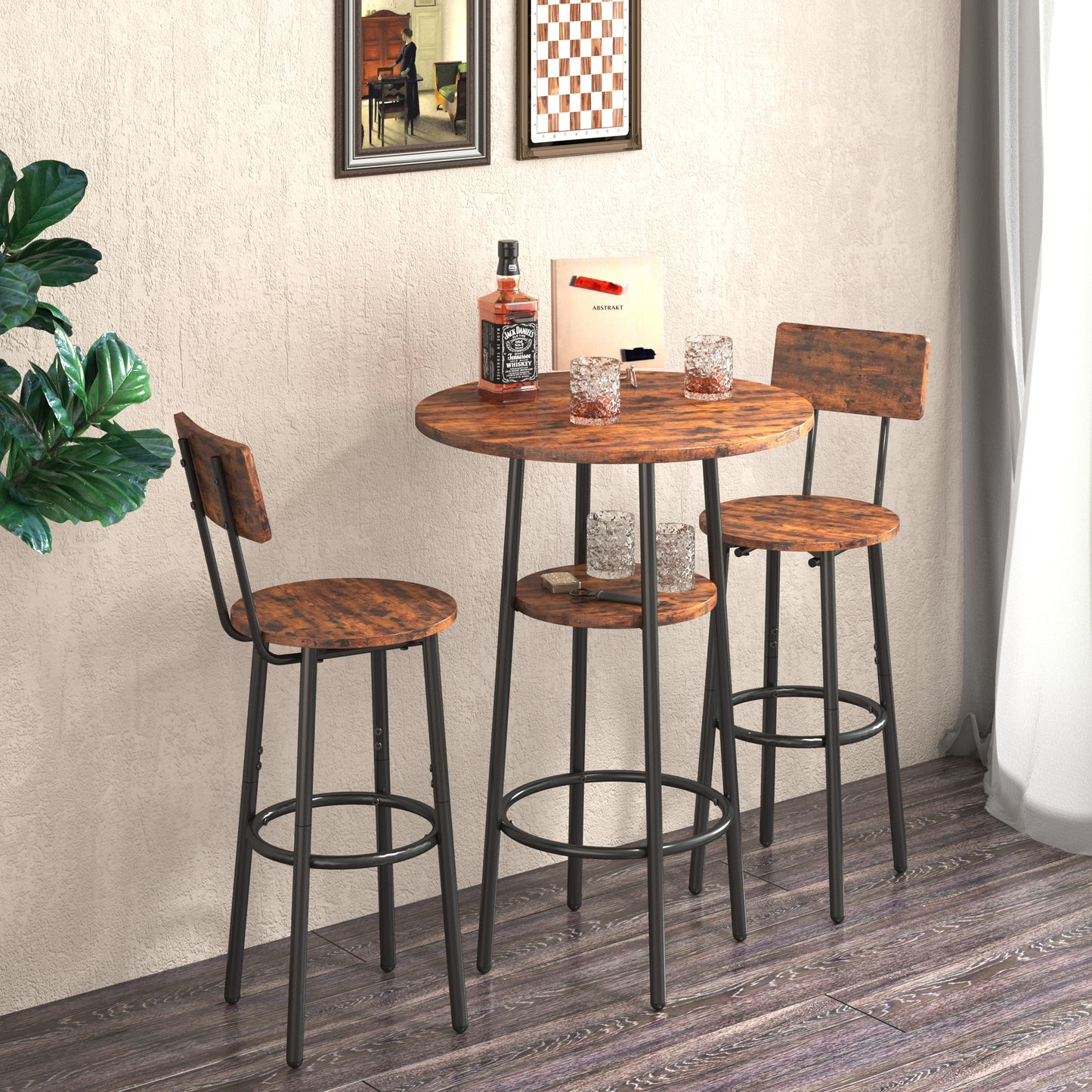 2 Layer Round Bar Table Set 2 Back Stools with Back Rustic Brown