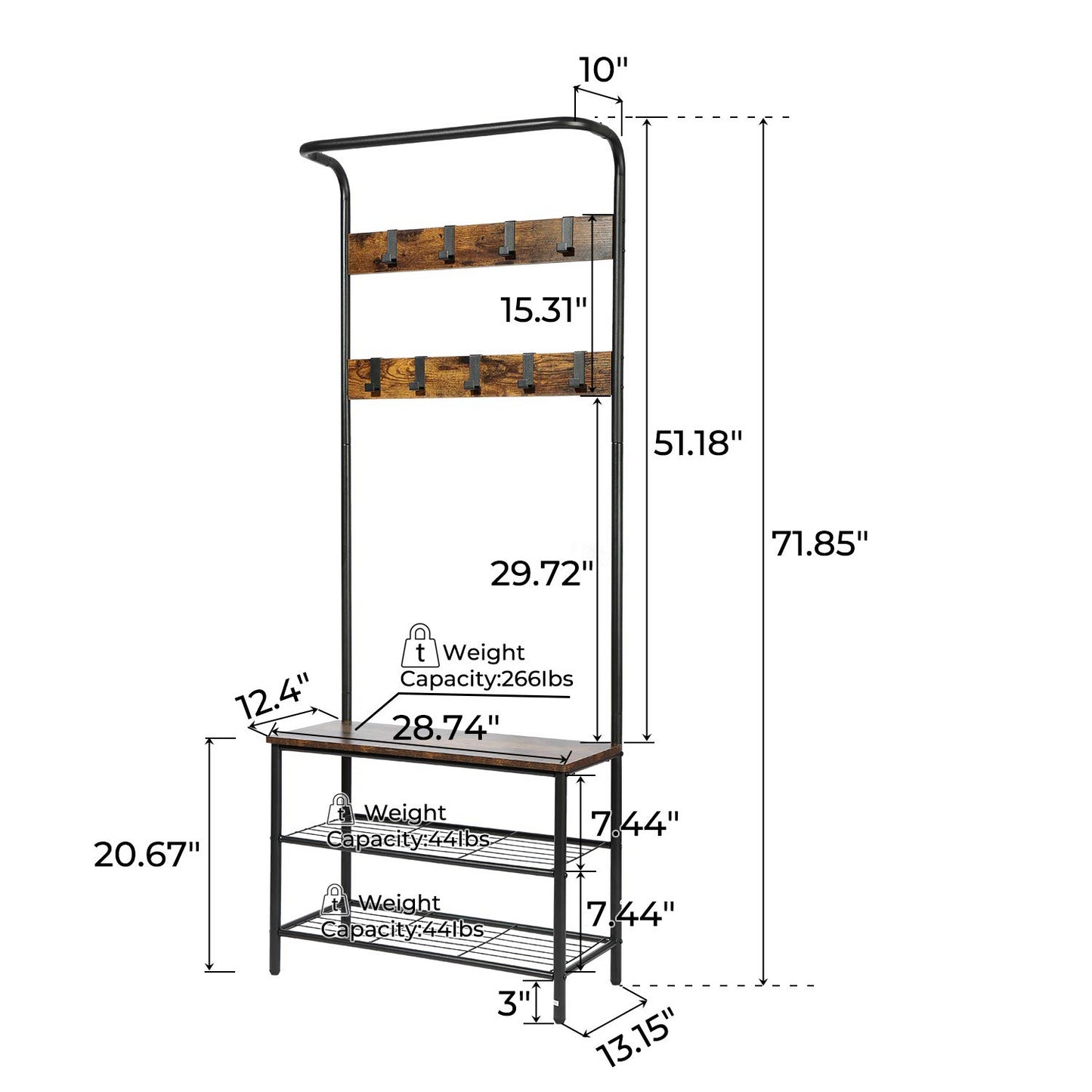 3 In 1 Hall Tree Coat Rack Stand with 3 Tier Shoe Rack Brown