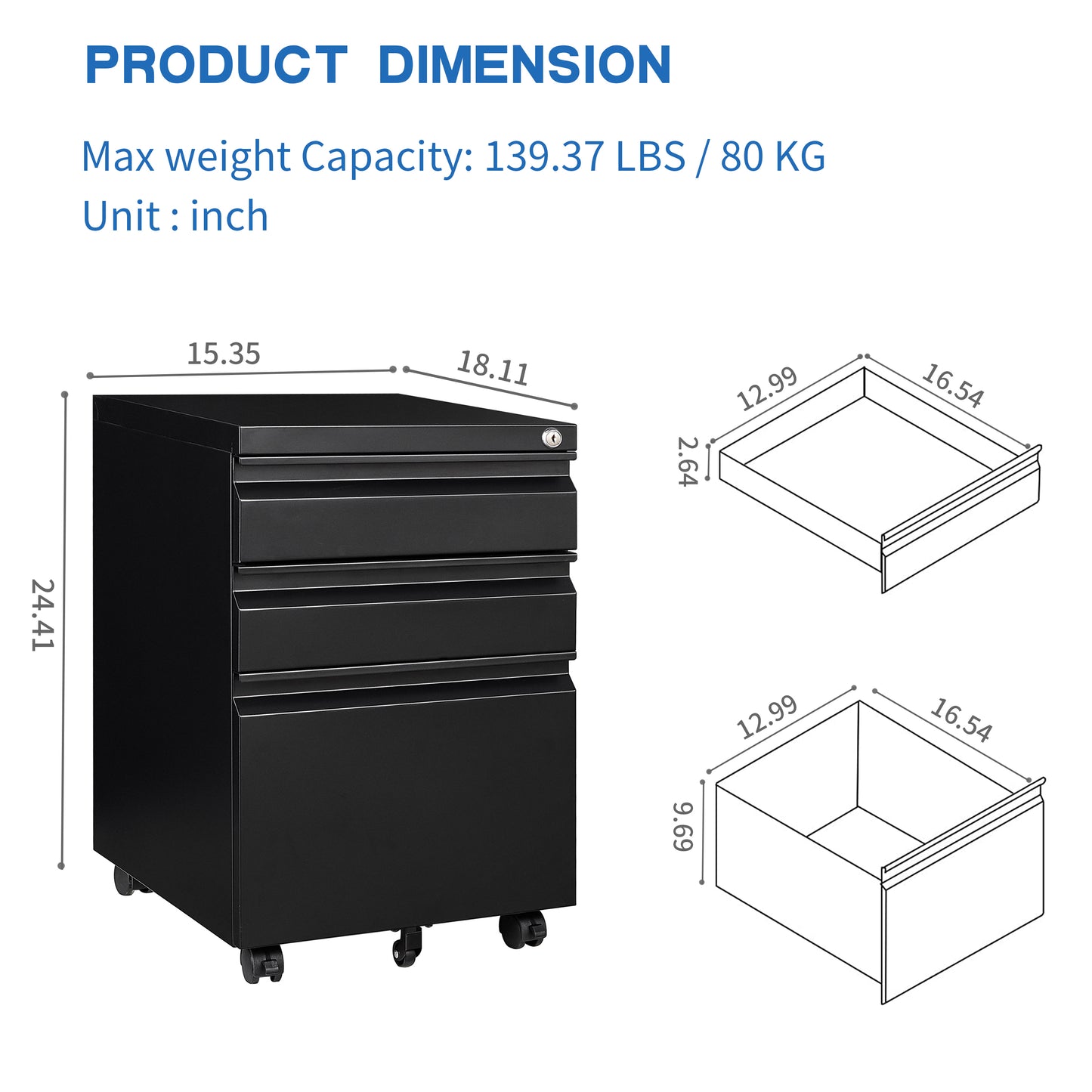 3 Drawer File Steel Mobile Filing Cabinet on Anti Tilt Wheels Black