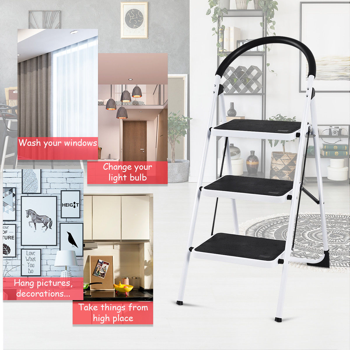 Costway 3 Step Ladder in Black - Agape Gardens