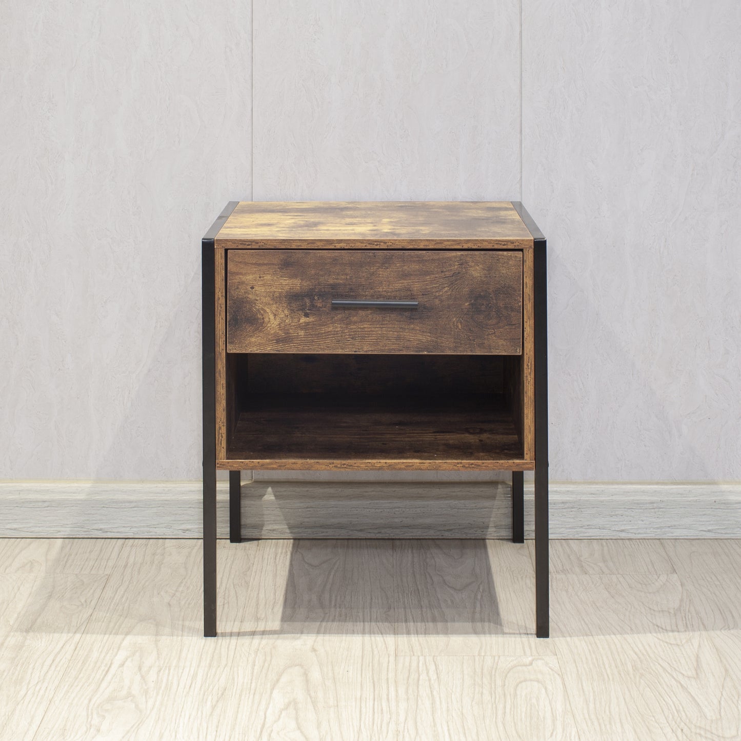 2 Tier Nightstand with 1 Drawer and Shelf Bedside Table Rustic Brown