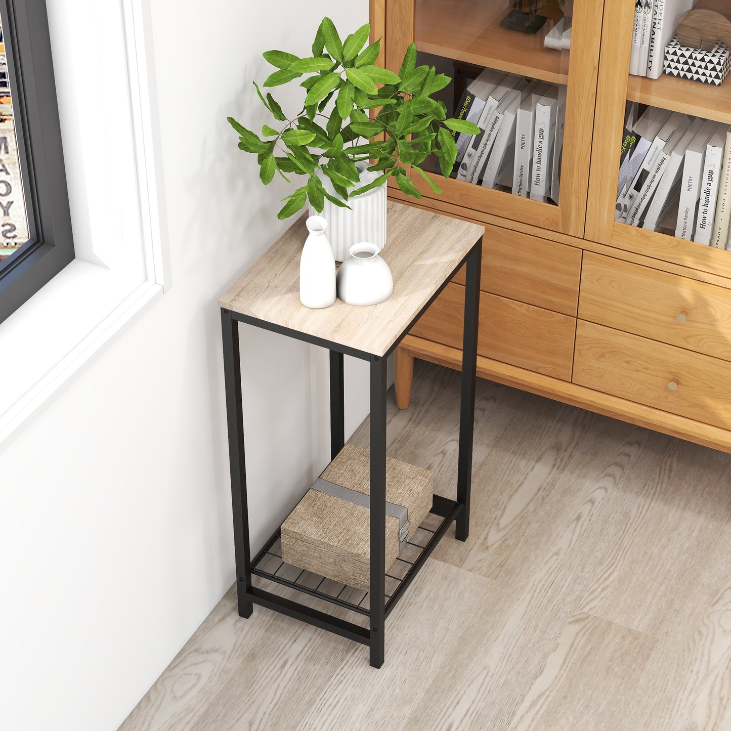 2 Tier Nightstand End Table with Metal Frame Mesh Shelves in Oak