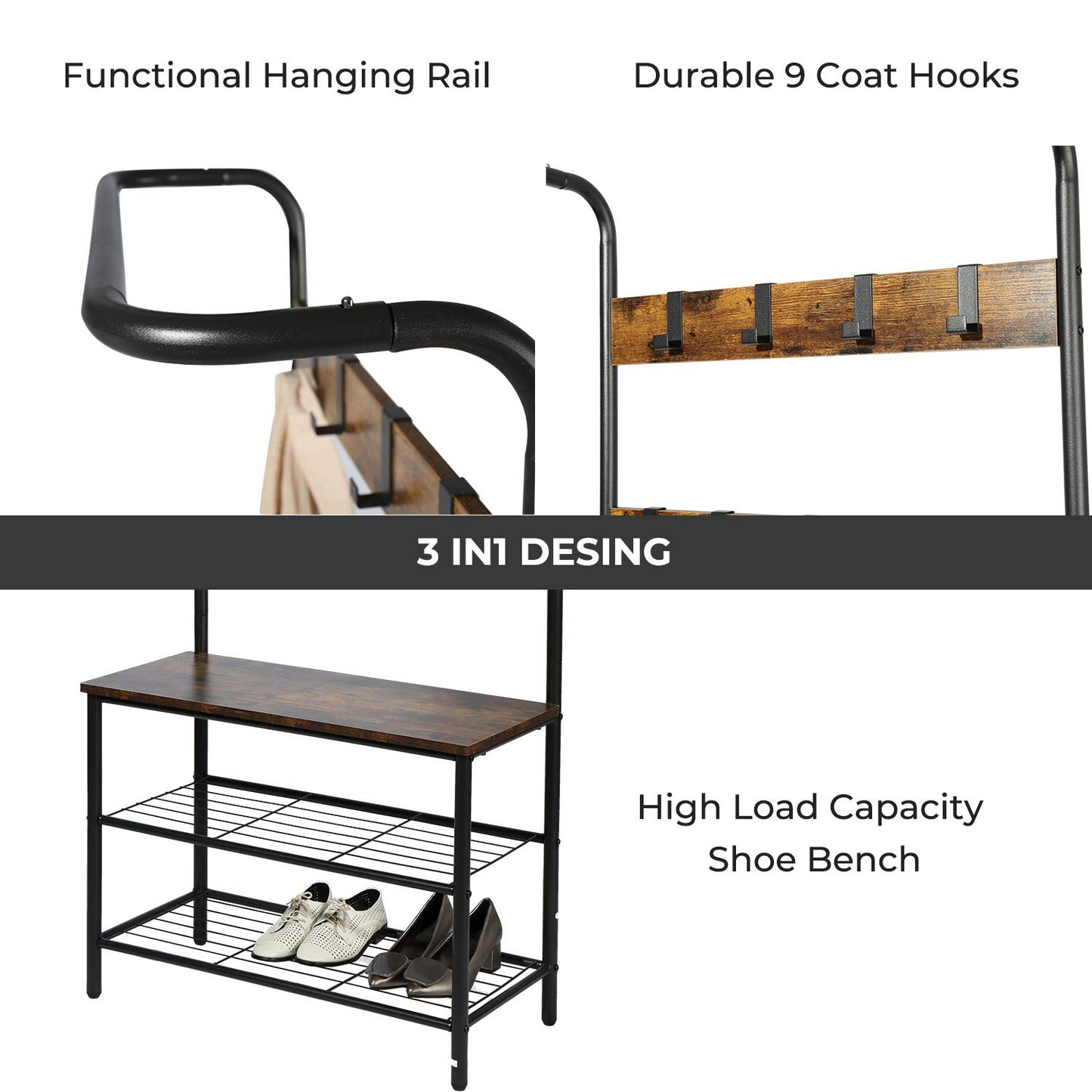 3 In 1 Hall Tree Coat Rack Stand with 3 Tier Shoe Rack Brown