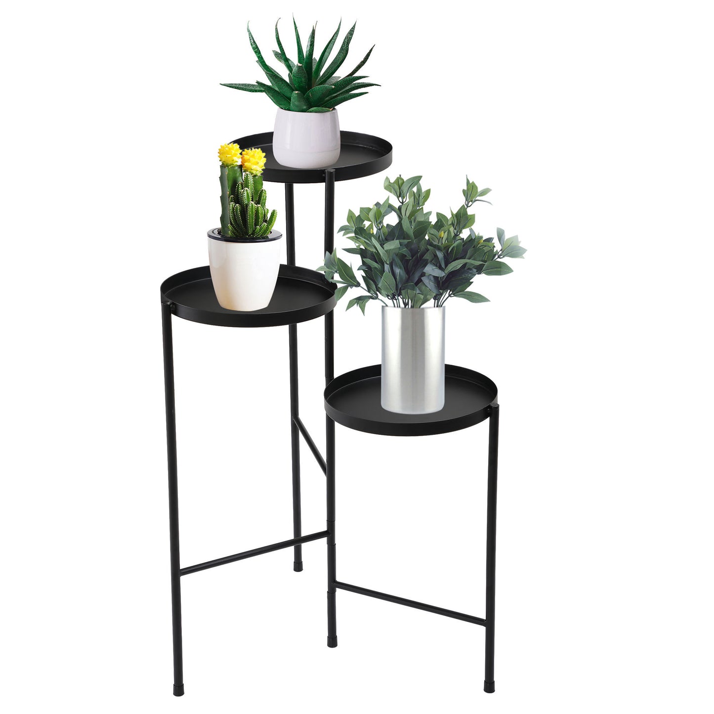 3 Tier Foldable Metal Plant Stand with Trays in Black