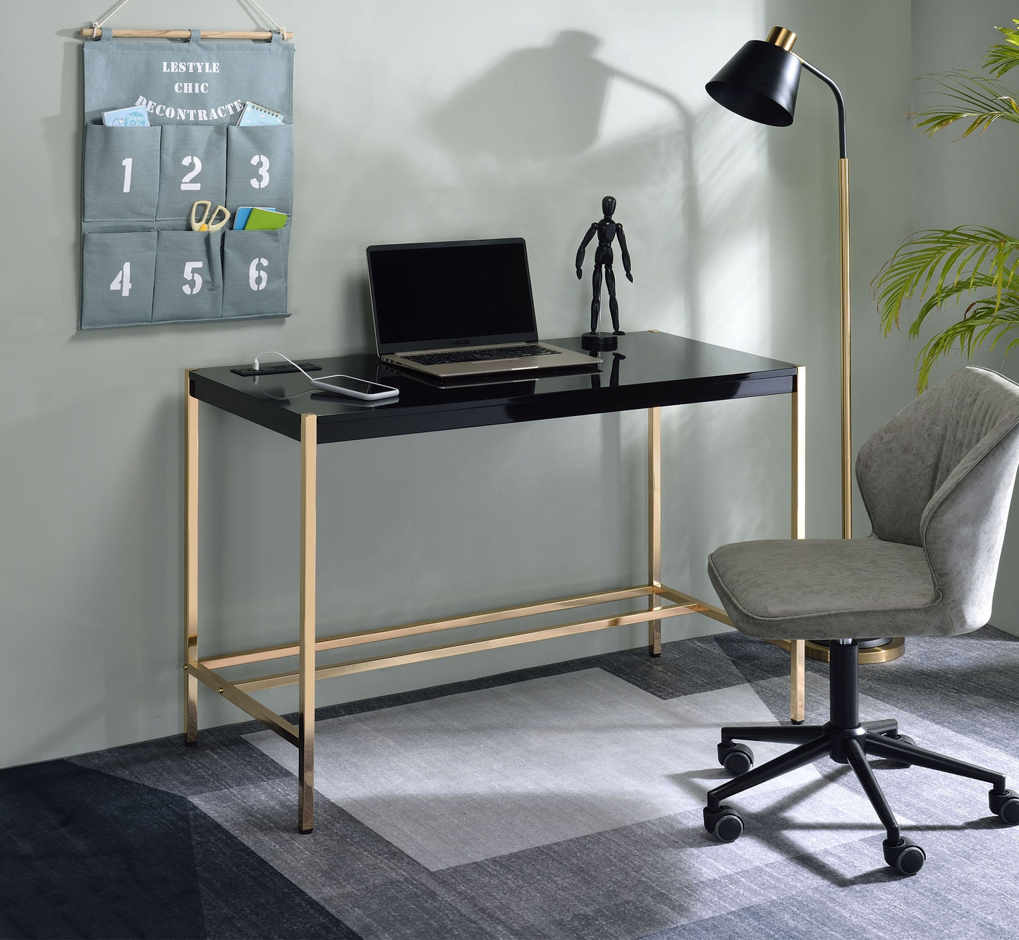 Writing Desk with USB Port in Black and Gold