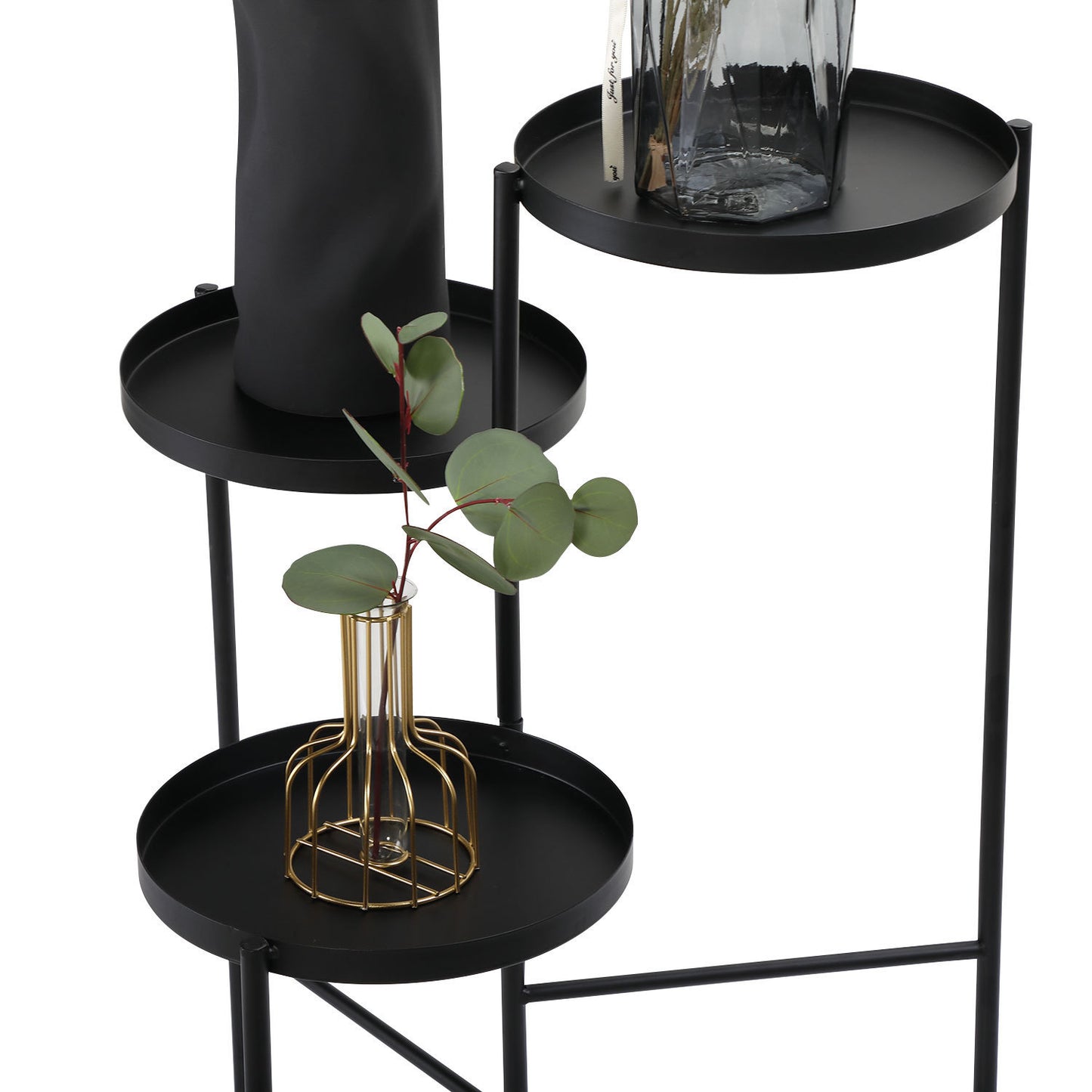 3 Tier Foldable Metal Plant Stand with Trays in Black