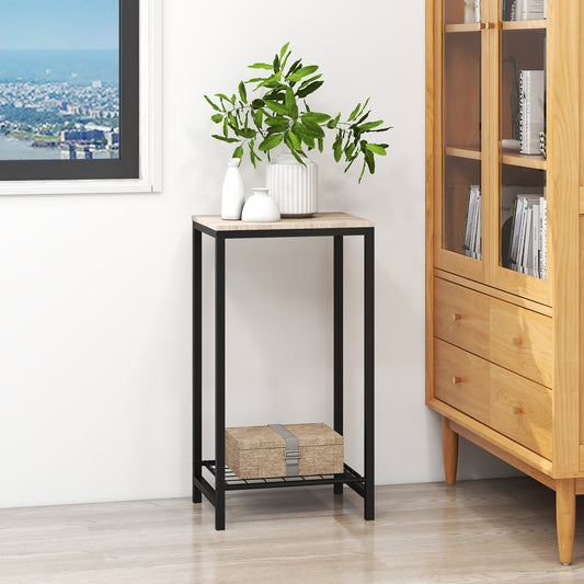 2 Tier Nightstand End Table with Metal Frame Mesh Shelves in Oak