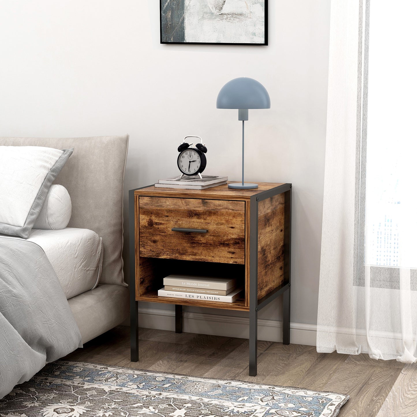 2 Tier Nightstand with 1 Drawer and Shelf Bedside Table Rustic Brown