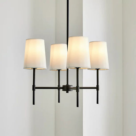 4 Light Chandelier Matte Black with Bulbs in White Fabric Shades