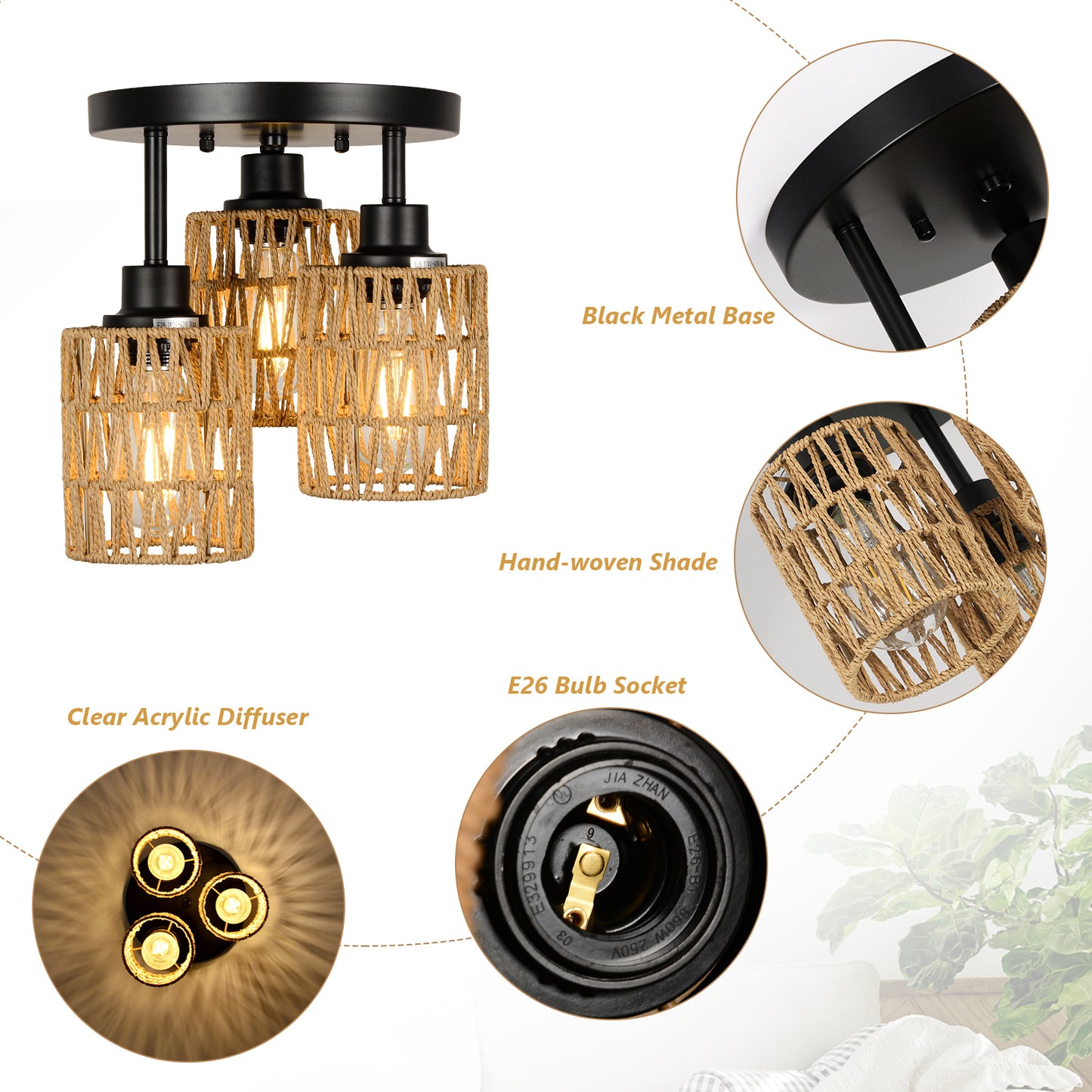 3 Lights Boho Flush Mount Light