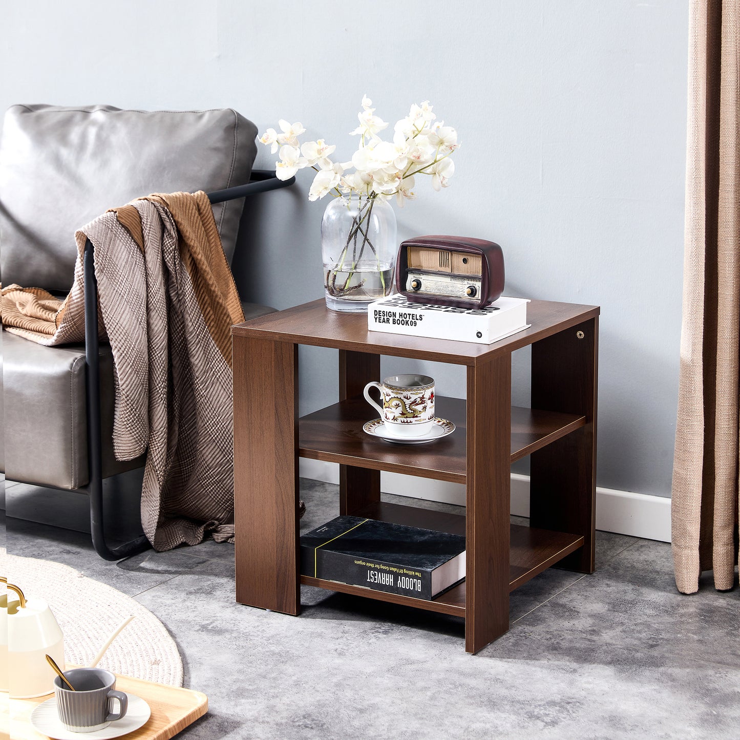 3 Tier Square Side End Nightstand Table in Classic Brown