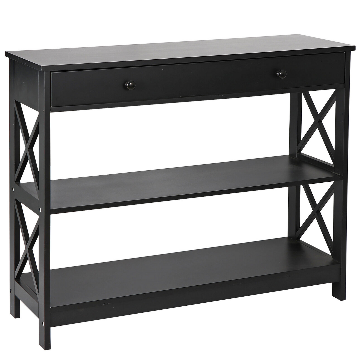 3 Tier Console End Narrow Table with Shelves 2 Drawers Black