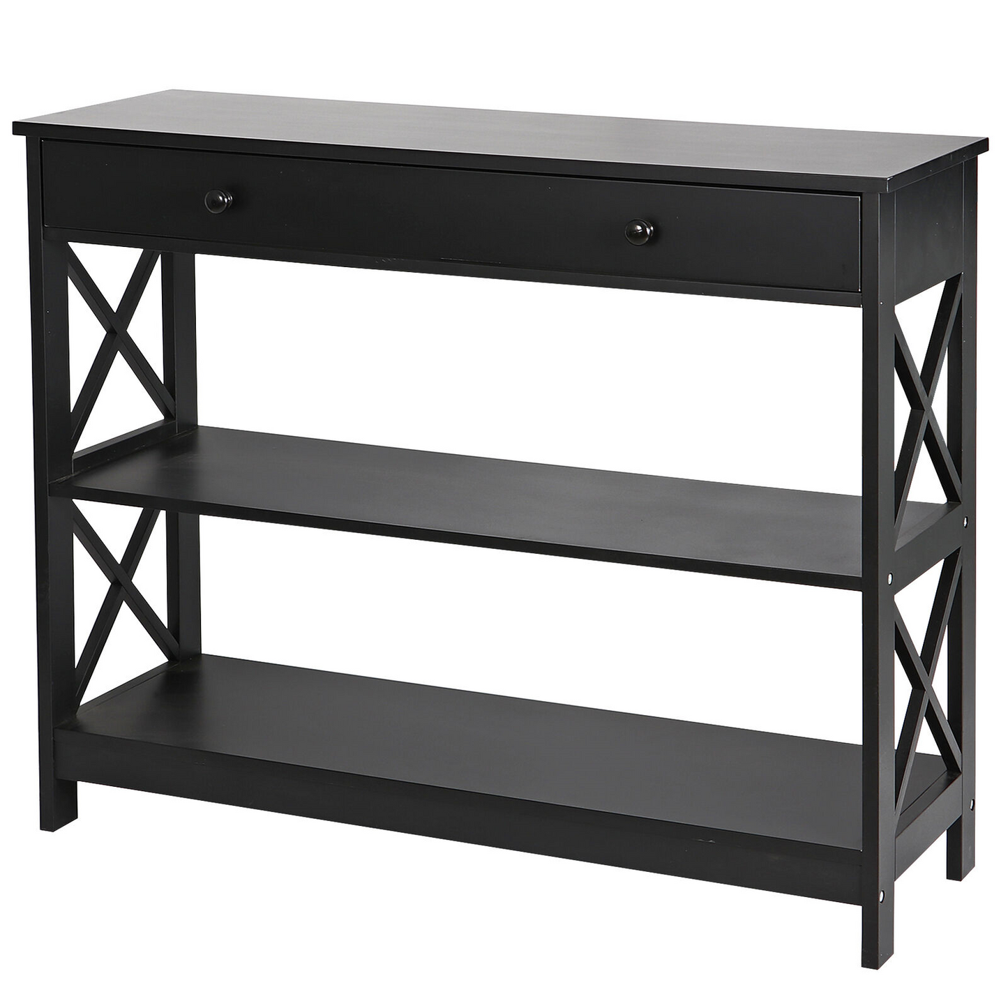 3 Tier Console End Narrow Table with Shelves 2 Drawers Black